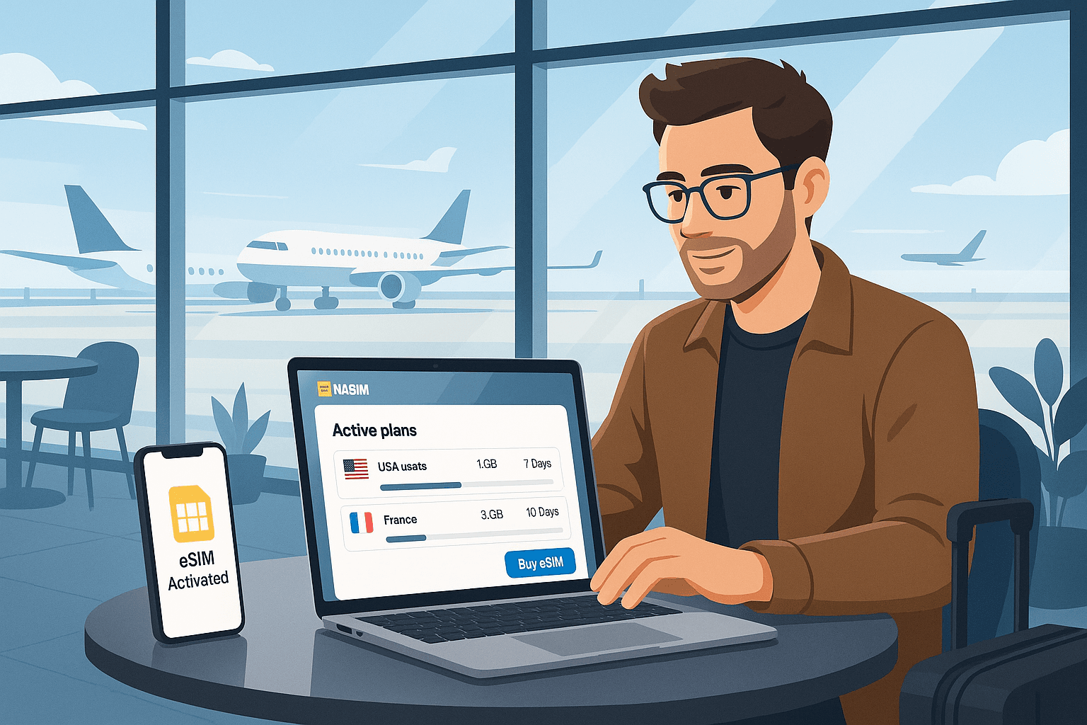 Traveler using laptop